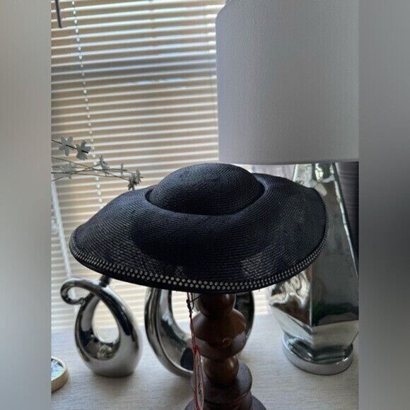 VTG NWT Adolfo II Black Straw Rhinestone Trim Hat - Picture 8 of 13